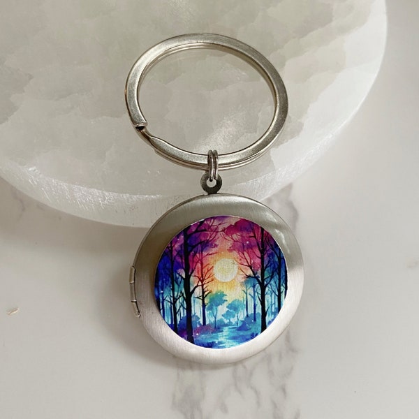 Sunset Locket Key Chain, silver photo locket with pictures, personalized gift, custom engraved locket