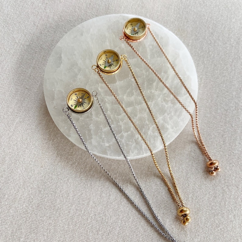 Working Compass Bracelet, gold and rose gold, dainty compass jewelry, bolo bracelet, adjustable chain bracelet, slider bead