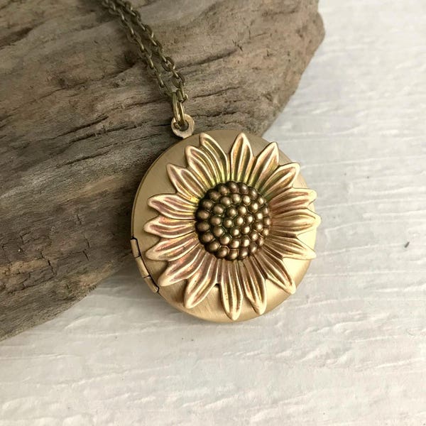 Gold Sunflower Locket Necklace, gold flower locket, sunflower jewelry, Mothers Day gift, photo locket, gift for her, gold sunflower pendant