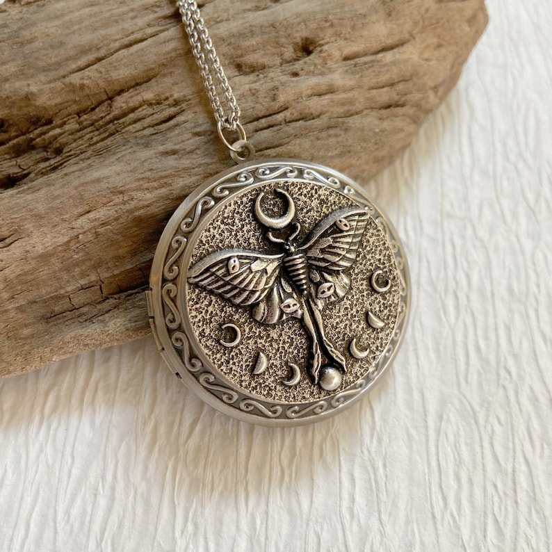 Luna Moth Locket Necklace with Photo, extra large silver locket, oversized locket, deep locket, big locket image 7