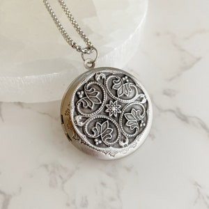 Silver Irish Floral Locket Necklace with photos, personalized jewelry gift for her, custom engraved locket, wedding necklace