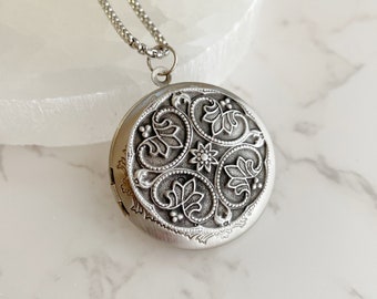 Silver Irish Floral Locket Necklace with photos, personalized jewelry gift for her, custom engraved locket, wedding jewelry