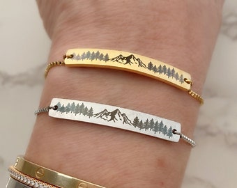 Mountain and Trees Bolo Bracelet - Delicate Adjustable Chain Bracelet, Silver or Gold stainless steel bar, slider bead bracelet