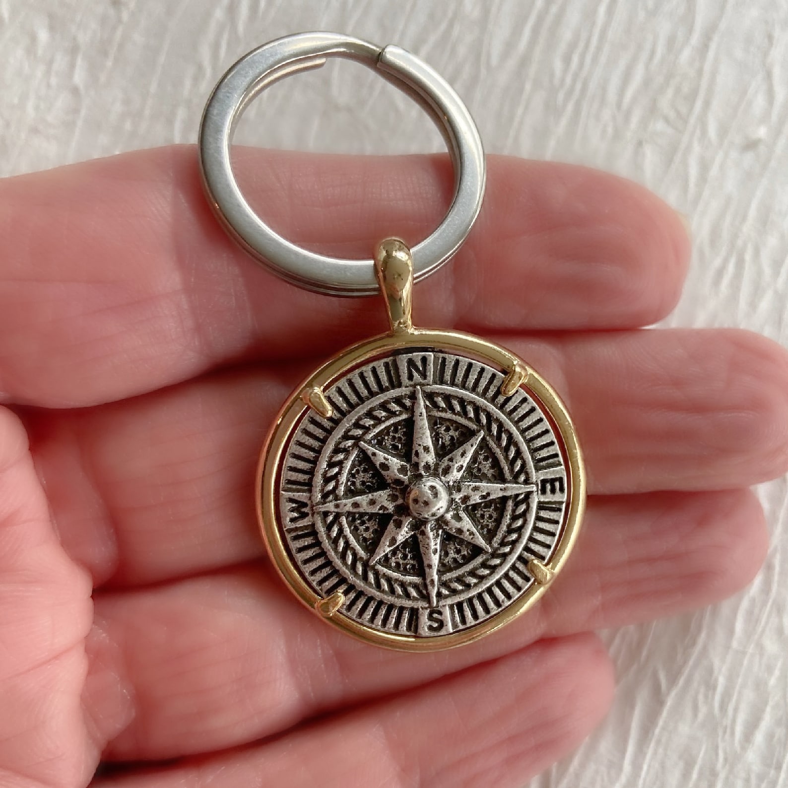 Compass Keychain Silver and Gold Compass Key Chain Keychain - Etsy