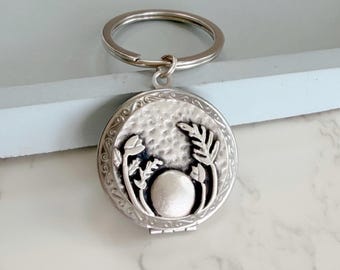 Wildflowers and Moon Locket Key Chain with Photos, personalized silver picture locket gift
