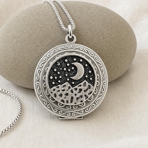 Silver Mountain Moon Locket Necklace with photos, round locket with personalization