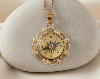 Gold Filigree Working Compass Necklace: Functional Jewelry Pendant, gift for traveler