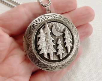 Extra Large Tree Locket Necklace, locket with photos, deep locket, oversized locket, crescent moon picture locket, big silver locket