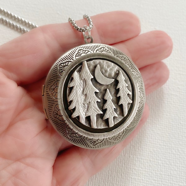 Extra Large Tree Locket Necklace, locket with photos, deep locket, oversized locket, crescent moon picture locket, big silver locket