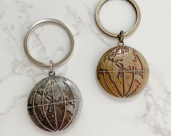 Two Sided Earth Locket Keychain with pictures, antique silver or gold globe locket, personalized locket gift for man