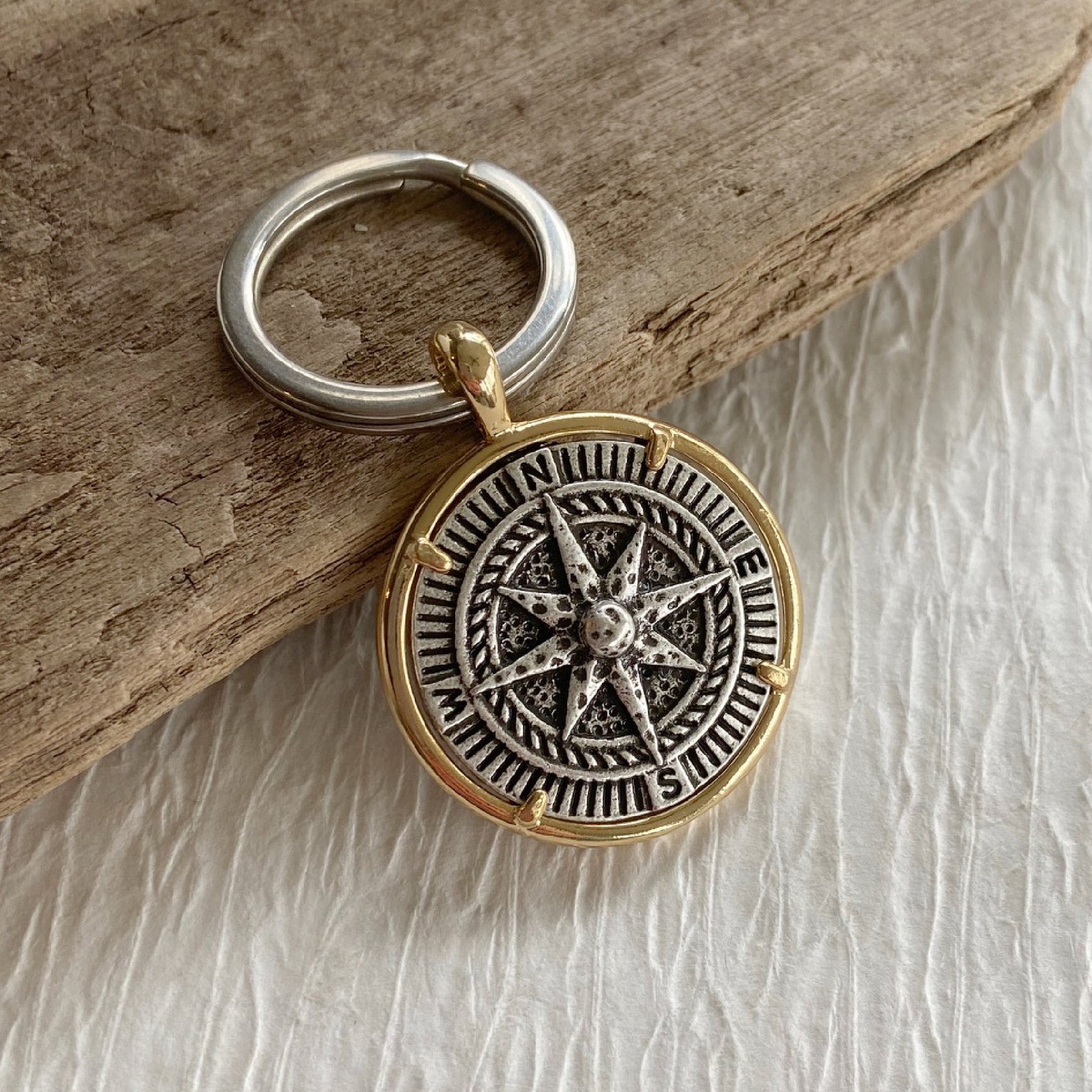 Compass Keychain Silver and Gold Compass Key Chain Keychain - Etsy