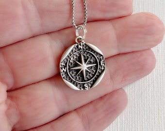 Vintage Compass Necklace, small silver compass pendant, nautical charm, compass rose jewelry