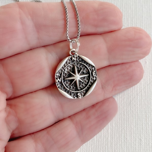 Vintage Compass Necklace, small silver compass pendant, nautical charm, compass rose jewelry