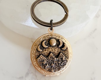 Gold Mountain and Moon Phases Locket Key Chain with Photos, personalized picture locket
