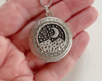 Moon and Mountain Locket Necklace with photos, stainless steel picture locket, silver round locket with personalization