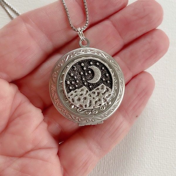 Moon and Mountain Locket Necklace with photos, stainless steel picture locket, silver round locket with personalization