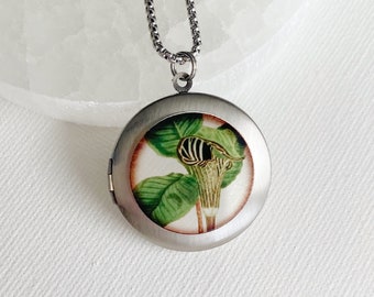 Locket Necklace with Photos, Jack-in-the-Pulpit necklace,  silver custom engraved photo locket, wildflower jewelry, locket with mirror