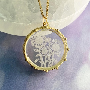 Gold Sunflower Glass Pendant Necklace, laser engraved round glass statement necklace, handmade gift for her