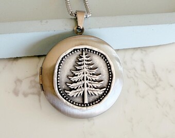 Silver Pine Tree Photo Locket with photos and engraving, Personalized Nature Necklace, Photo Keepsake Gift