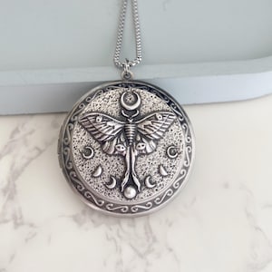 Silver Luna Moth Locket Necklace with Photo, extra large locket, oversized locket, deep locket