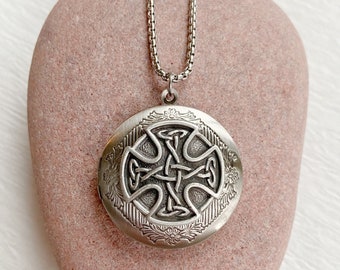 Silver Celtic Knot Locket Necklace, locket with photos, Irish picture locket, Celtic cross pendant, personalized gift with engraving