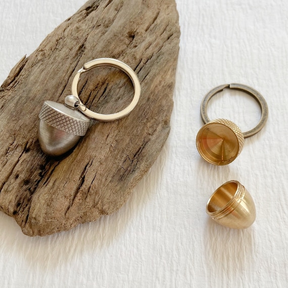 Acorn Secret Container Keychain, Silver or Gold Finish