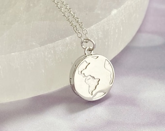 Mini Sterling Silver Earth Locket Necklace, locket with photos, tiny globe photo locket, 925 sterling gift for her