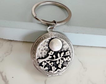 Silver Cherry Blossom Locket Key Chain with Photos, personalized gift