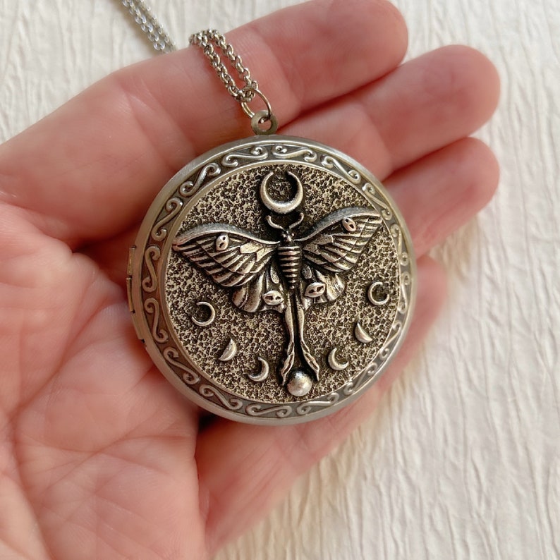 Luna Moth Locket Necklace with Photo, extra large silver locket, oversized locket, deep locket, big locket image 2