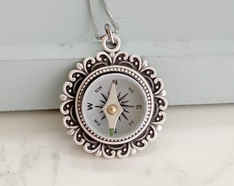 Antique Silver Working Compass Necklace | Functional Compass Pendant | Travel Gift for Explorers