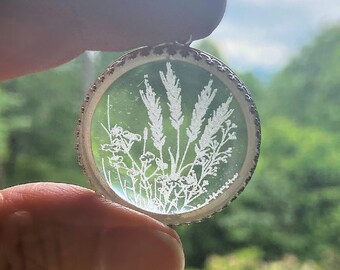 Wildflowers Glass Necklace, clear etched glass pendant, engraved jewelry for her, round pendant with floral design
