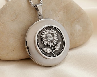 Silver Sunflower Photo Locket with photos and engraving, Personalized Nature Necklace, Flower Photo Keepsake Gift