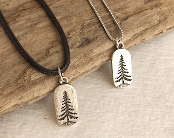 Stamped Pine Tree Necklace, small silver tree pendant, hammered tree charm, rustic tree necklace, waxed cord necklace, unisex gift