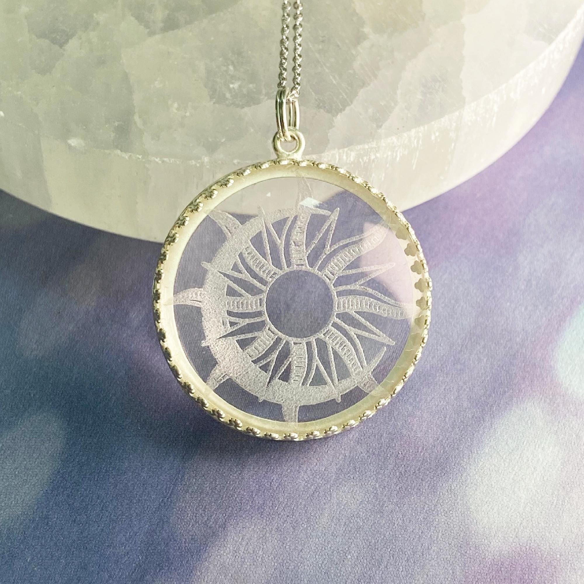 Crescent Moon Glass Pendant Necklace, clear etched glass pendant, engraved jewelry for her, silver celestial necklace