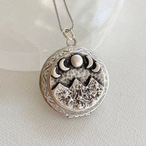 Mountain Range Moon Phase Locket Necklace, silver stainless steel locket with photos, personalized gift for him, men&#39;s locket