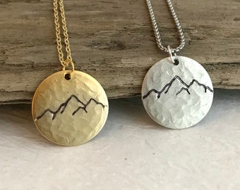 Hammered Mountain Necklace, silver or gold finish, custom engraved hand stamped pendant