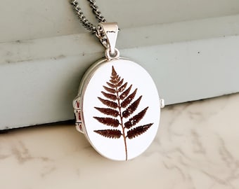 Silver Fern Leaf Locket Necklace with photos, personalized oval locket, nature jewelry gift