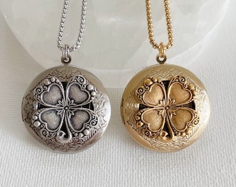 Four Leaf Clover Locket Necklace with photos, silver or gold, custom engraved Shamrock locket, good luck jewelry gift