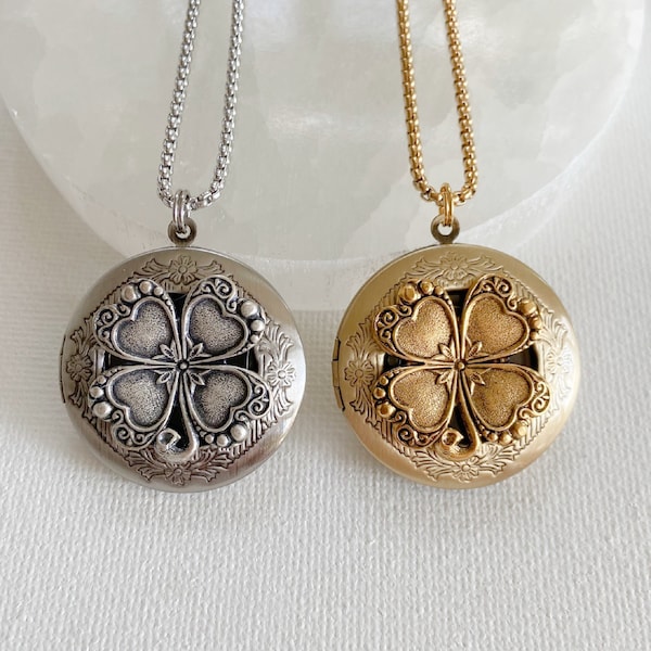 Four Leaf Clover Locket Necklace with photos, silver or gold, custom engraved Shamrock locket, good luck jewelry gift