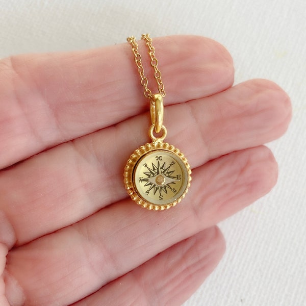 Gold Compass Necklace, tiny working compass pendant, functional compass jewelry, dainty charm, traveler gift, gold plated sterling silver