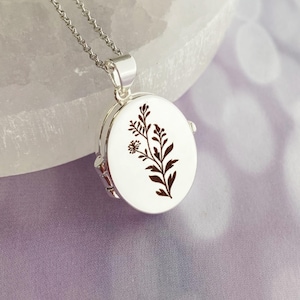 Dainty Silver Wildflower Oval Locket Necklace, personalized engraved floral locket with photos, locket with pictures