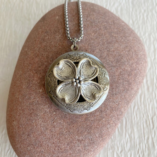 Silver Dogwood Locket Necklace with photos, 32mm locket, North Carolina state flower, dogwood flower, personalized gift with engraving