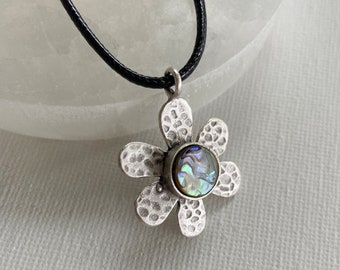 Abalone Daisy Pendant Necklace, abalone shell flower charm, silver flower pendant, black cord flower necklace, daisy charm on cord