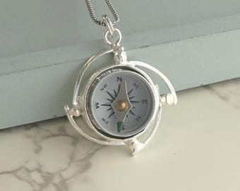 Silver Working Compass Necklace, Nautical Compass Pendant, gift for traveler