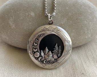 Silver Mountains Locket Necklace with Photos: Mountains, Trees, and Moon Pendant; custom engraved jewelry gift