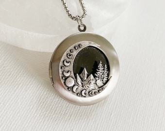 Silver Locket Necklace with Photos: Mountains, Trees, and Moon Pendant; custom engraved locket gift