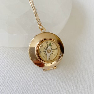 Gold Working Compass Locket Necklace with photos, custom engraved locket gift