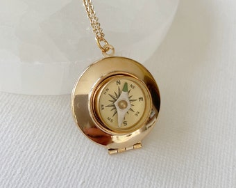 Compass Locket Necklace with photos, gold working compass pendant, steampunk locket, small round gold locket, handmade jewelry