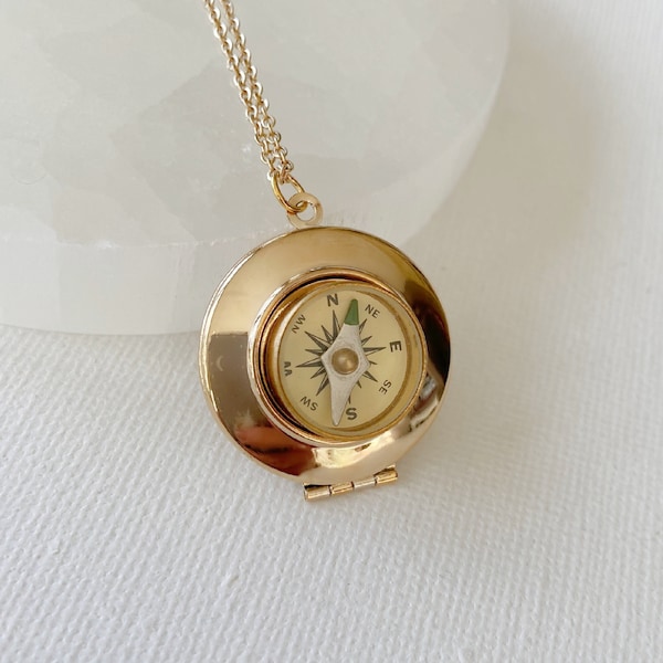 Compass Locket Necklace with photos, gold working compass pendant, steampunk locket, small round gold locket, handmade jewelry