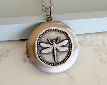 Silver Dragonfly Locket with photos and engraving, Personalized Nature Necklace, Photo Keepsake Gift